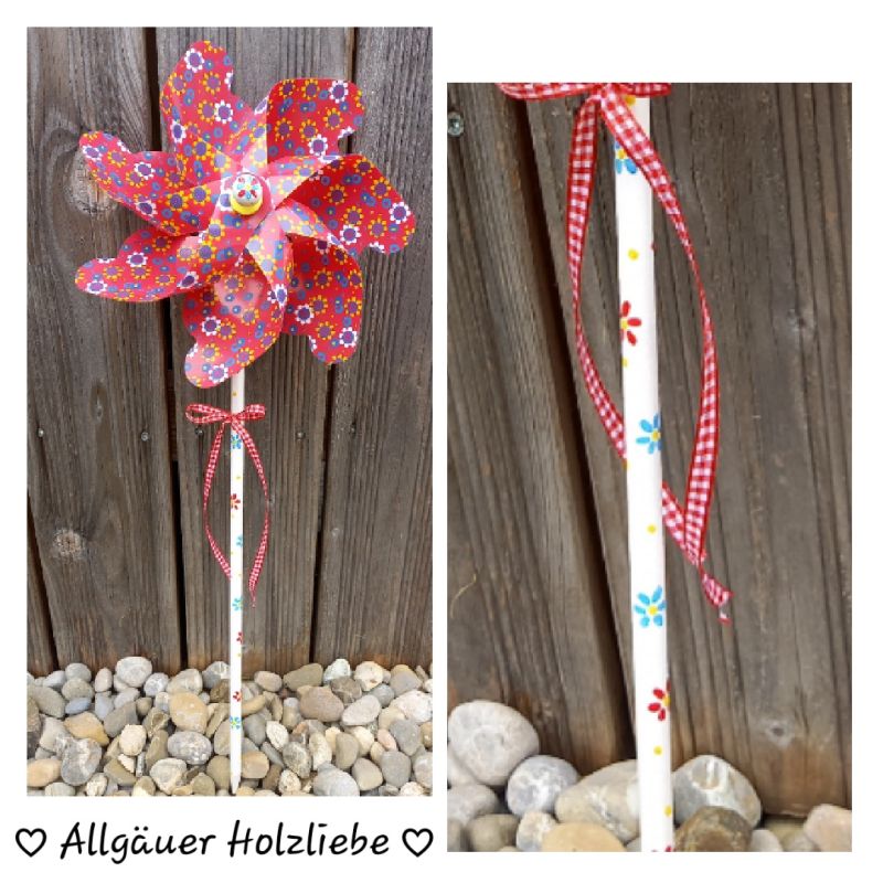 Windrad * 22 cm * Holzstil und -kugel handbemalt * Gartenstecker * Kinder * Deko * Blumen